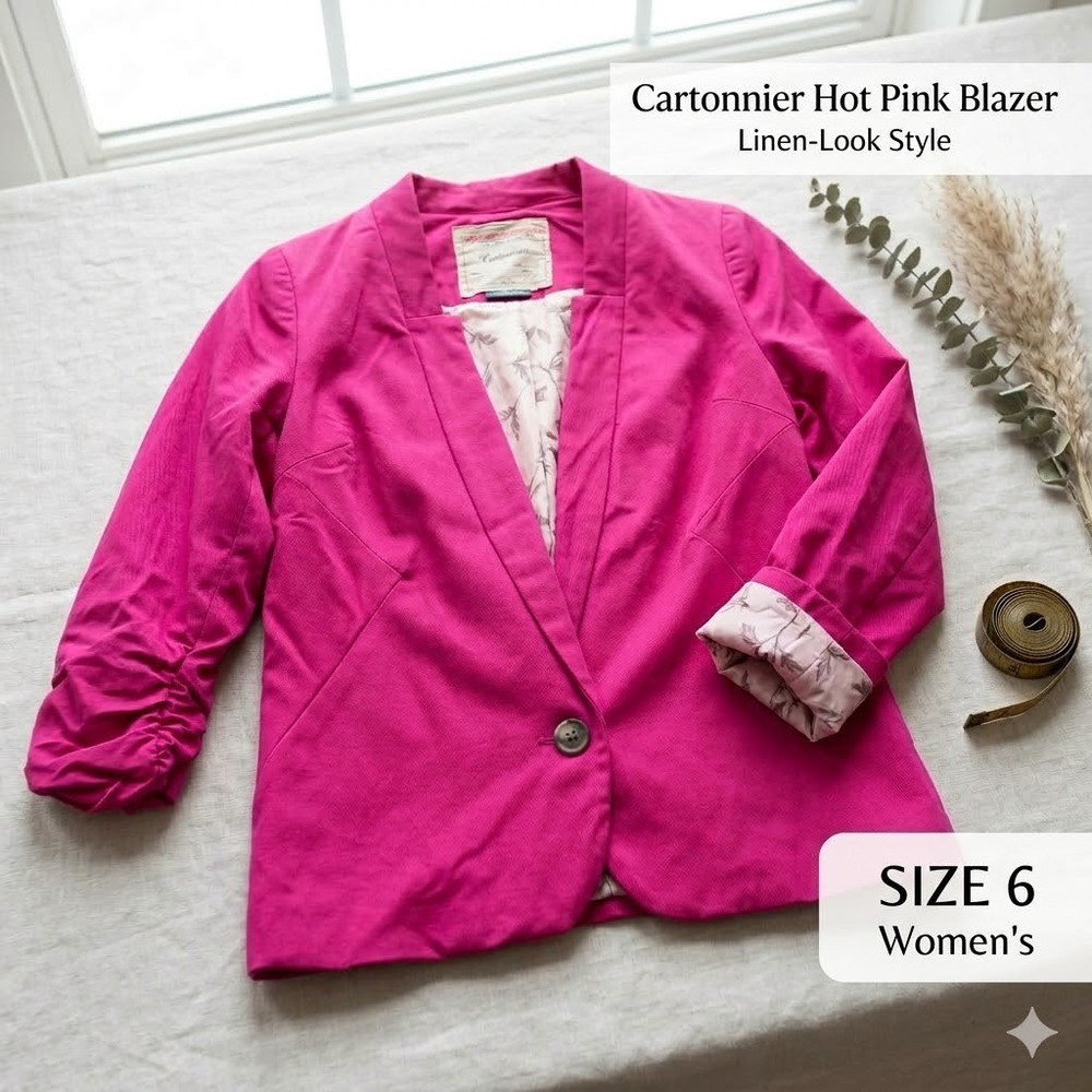 Cartonnier Hot Pink Ruched Sleeve Blazer Jacket Size 6 Single Button Linen Look